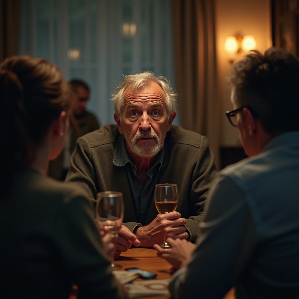(masterpiece, Best Quality, High resolution: 1.2), (photorealistic: 1.2), (complex and emotional: 1.2), (Detailed light: 1.2), (colorful, dynamic angle), (texturas de High resolution), Older man in the center of the image, grey hair, with an expression of anguish and frustration, looking directly at the camera. Around him, Several people are talking to each other, forming a circle, but the man is clearly excluded from the conversation. The environment is a social place, like a living room or a dining room, with soft lighting. The focus is on the expression of man, highlighting his feeling of isolation and anguish at not being able to hear.