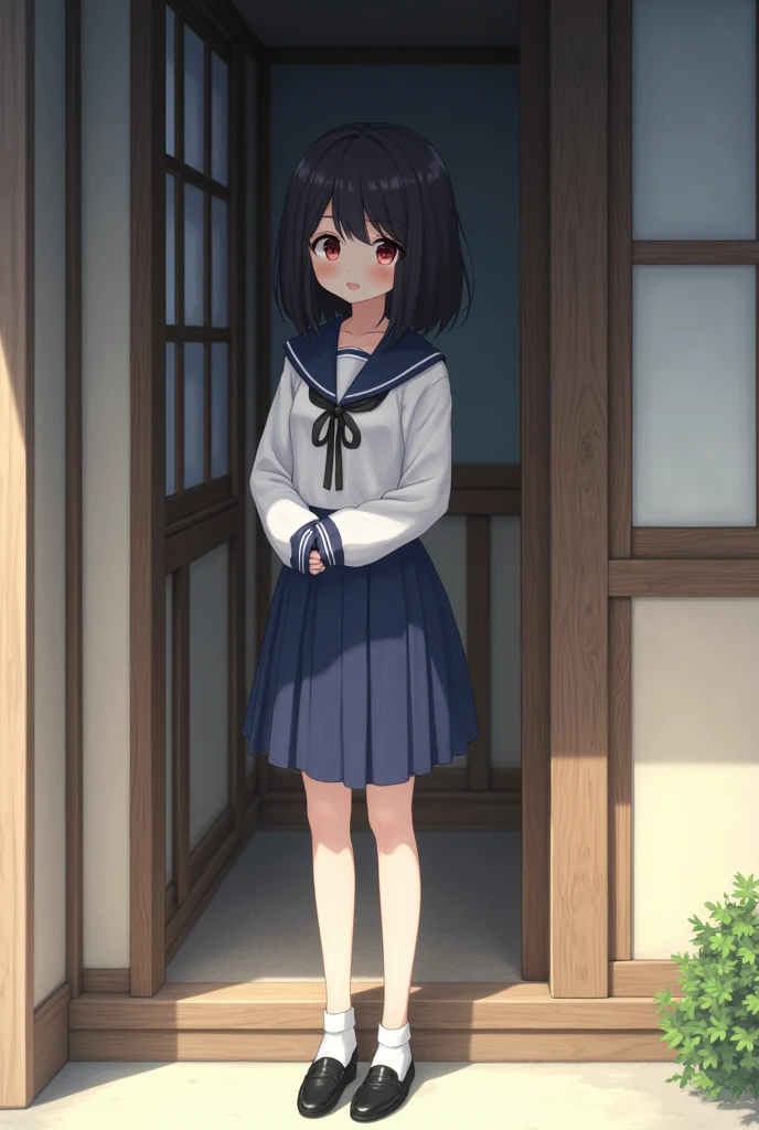 Standing next to the door of a Japanese house、high school girl、Black short hair、Navy long-sleeved sailor suit、skirt,Deep red eyes、barefoot、Cool smile、Full body portrait,Black Loafers,White socks