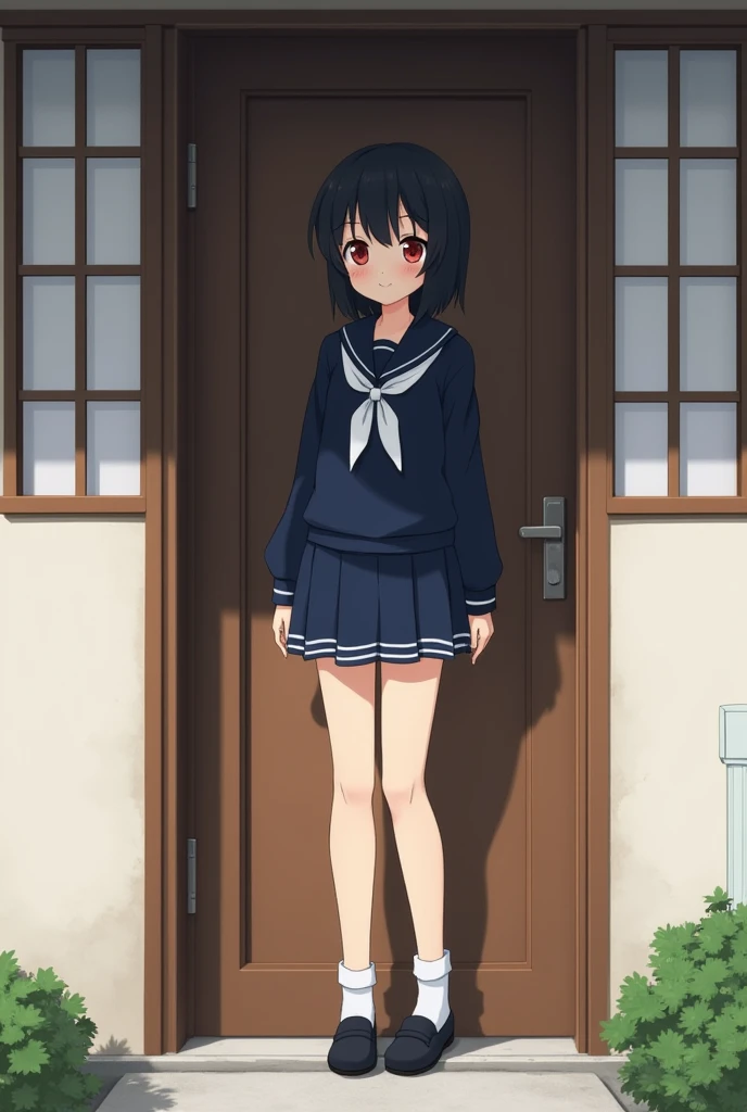 Standing next to the door of a Japanese house、high school girl、Black short hair、Navy long-sleeved sailor suit、skirt,Deep red eyes、barefoot、Cool smile、Full body portrait,Black Loafers,White socks