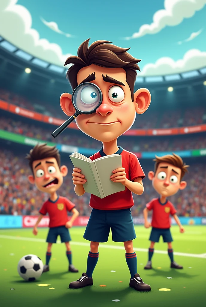 Cartoon style football referee, standing on a playing field with the game rule book held in his hand, using a magnifying glass to read. Behind, a couple of players trying to ask him a question, with expressions of despair and surprise. Background with a blurred crowd, with banners and stands. Vibrant colors and comic exaggeration in the characters.