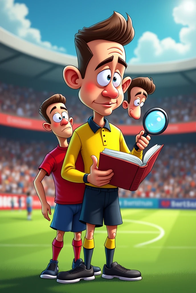 Cartoon style football referee, standing on a playing field with the game rule book held in his hand, using a magnifying glass to read. Behind, a couple of players trying to ask him a question, with expressions of despair and surprise. Background with a blurred crowd, with banners and stands. Vibrant colors and comic exaggeration in the characters.