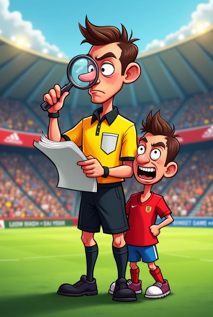 Cartoon style football referee, standing on a playing field with the game rule book held in his hand, using a magnifying glass to read. Behind, a couple of players trying to ask him a question, with expressions of despair and surprise. Background with a blurred crowd, with banners and stands. Vibrant colors and comic exaggeration in the characters.