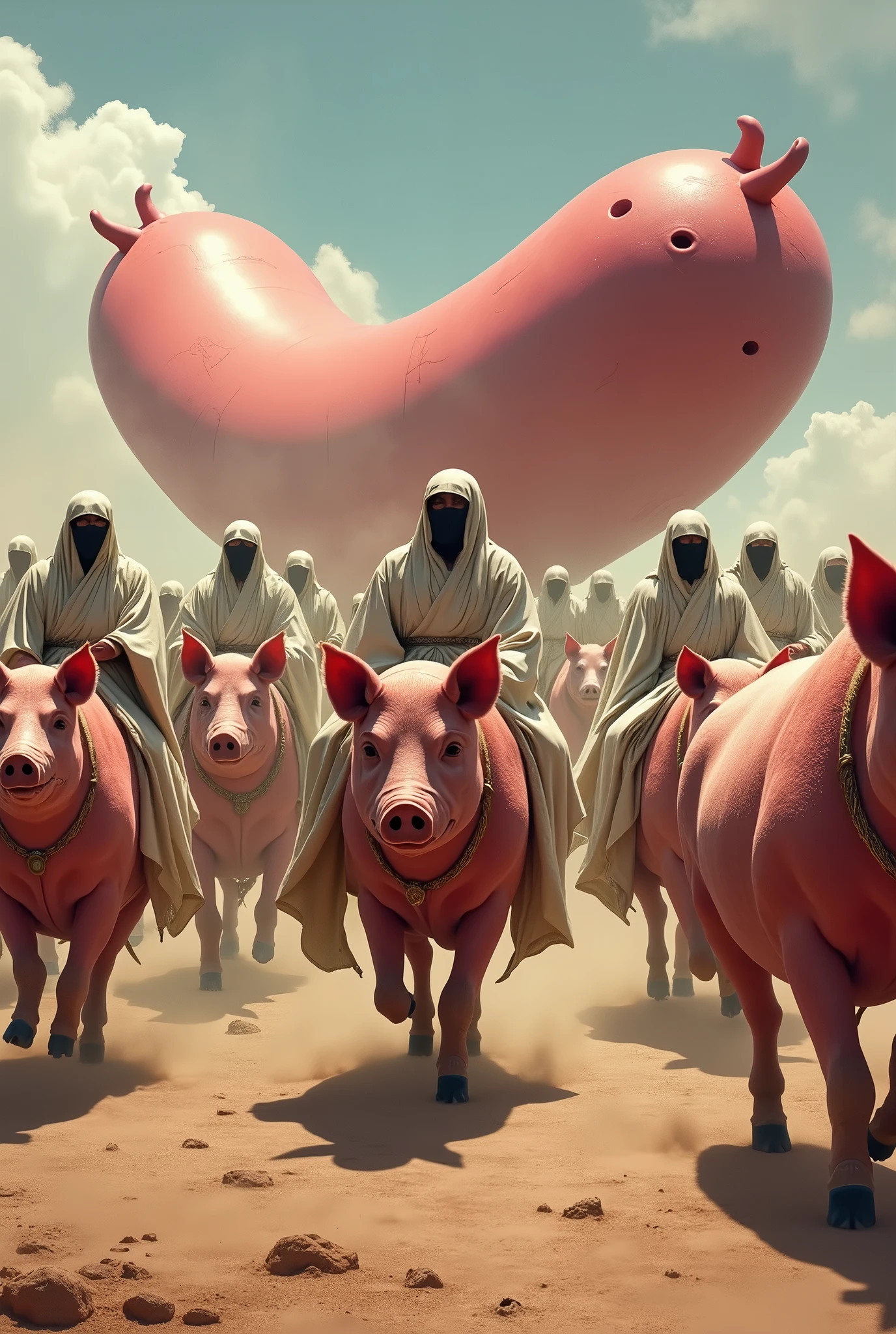 An army of Muslims in djellaba riding on big pink pigs they charge on a giant sausage