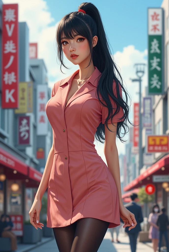(((Masterpiece))), Top influencer japanese women, Top quality, Super detailed, Cute and playful, shift dresses, tan complexion, Long black hair with a high ponytail, Tokyo city background,perfect hand,perfect foot,with perfect legs,Black pantyhose, slender leg,Silk feet,black pantyhoses,black lence stockings,blackstockings,Black tights,blackstockings,Type M,legs separated,opening legs,low chest,cleavage,long leges,cropped shoulders,bends his knees,squatt