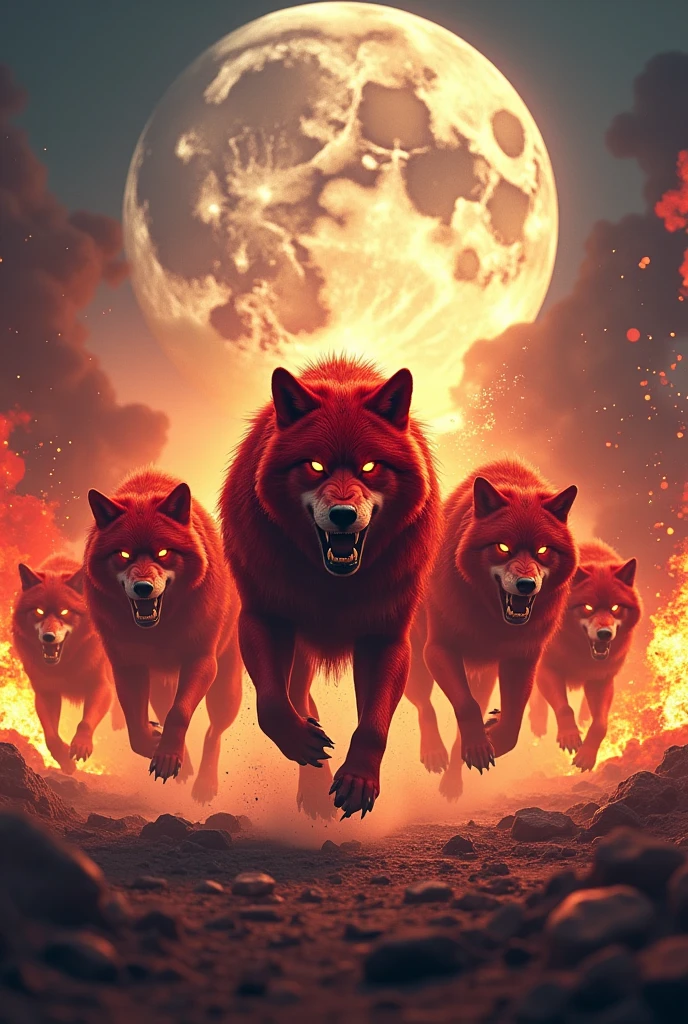 big red angry five wolves running moon explosions everything on fire