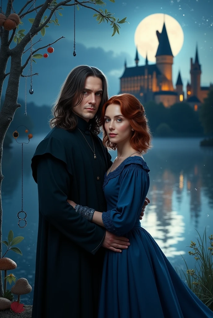 couple posing for a photo against the backdrop of a lake, Severus Snape from Harry Potter, girl in victorian indigo dress, chestnut colored hair short wavy, lovely couple, faces turned towards the camera, Hogwarts, night, moon, glare, 8k)))), Kim Doyoung, 🚿🗝📝, Jinyoung Shin, 🍁 cute, couple pose, ❤🔥🍄🌪, ностальгия 8k, With a bang, Bae Suzy, ✨🕌🌙, 4k post, 4k post, 4k post, 4k post, The oil