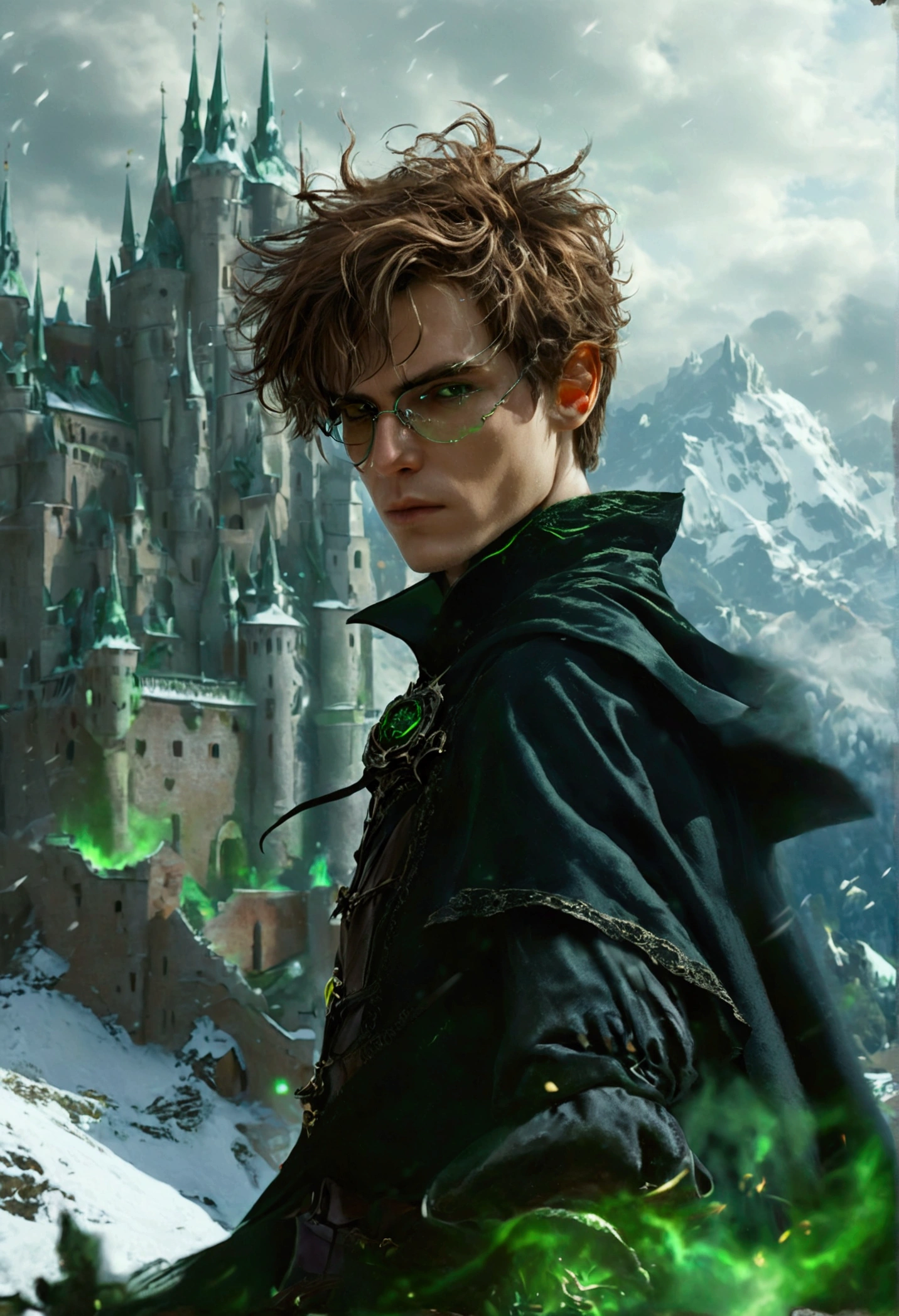 A 2 sorcerer, with short hair, Brown color. He wears a black cape and clothing with subtle hints of green.. He also has black glasses.. It is located in front of a very large castle., old baroque style, It also has a very sinister aura., which rests on some green and somewhat snowy mountains. The weather is cold and very cloudy. Has a green aura around him. It also generates green fire.. She has a slender body.