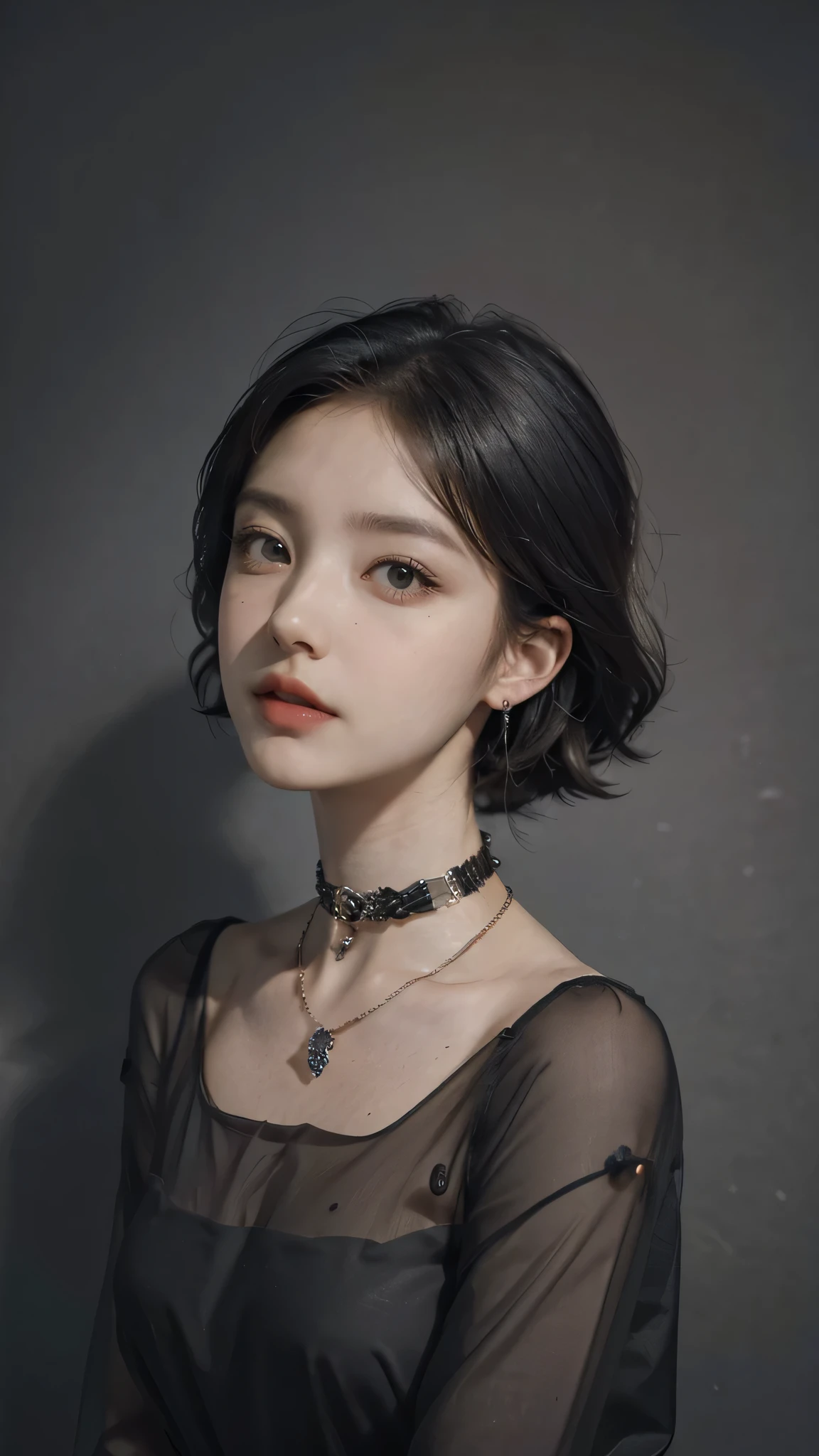 masterpiece, best quality,3d rending work ,3DMM style,close-up,portrait, 3D,1girl, solo, multicolored  hair, black hair, necklace, freckles, jewelry, two-tone hair, looking to the side, realistic, upper body, simple background, bangs, looking away, short hair, parted lips, black eyes, lips, gothic, choker, makeup, mole, black shirt, shirt, covered body 