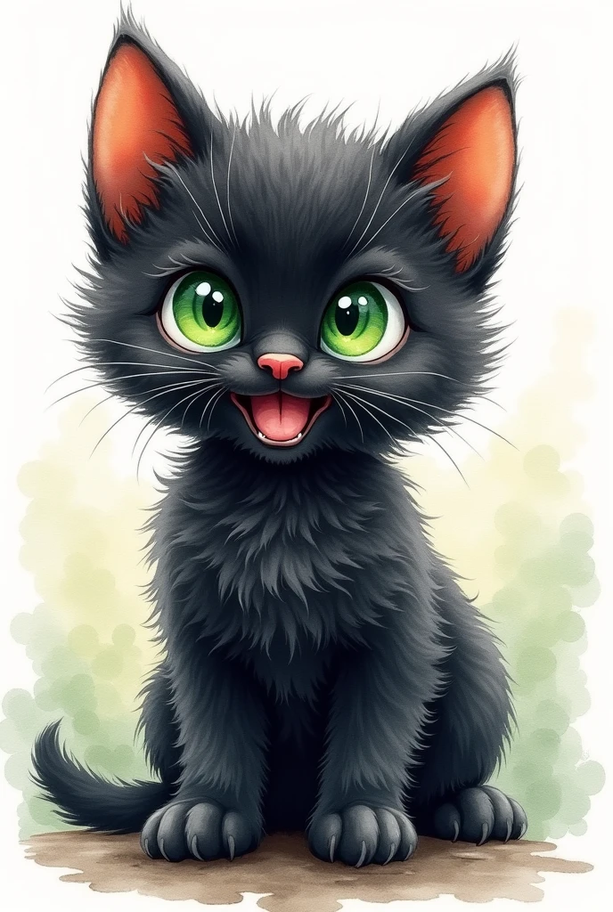 A painting of a black kitten with green eyes smiling watercolor