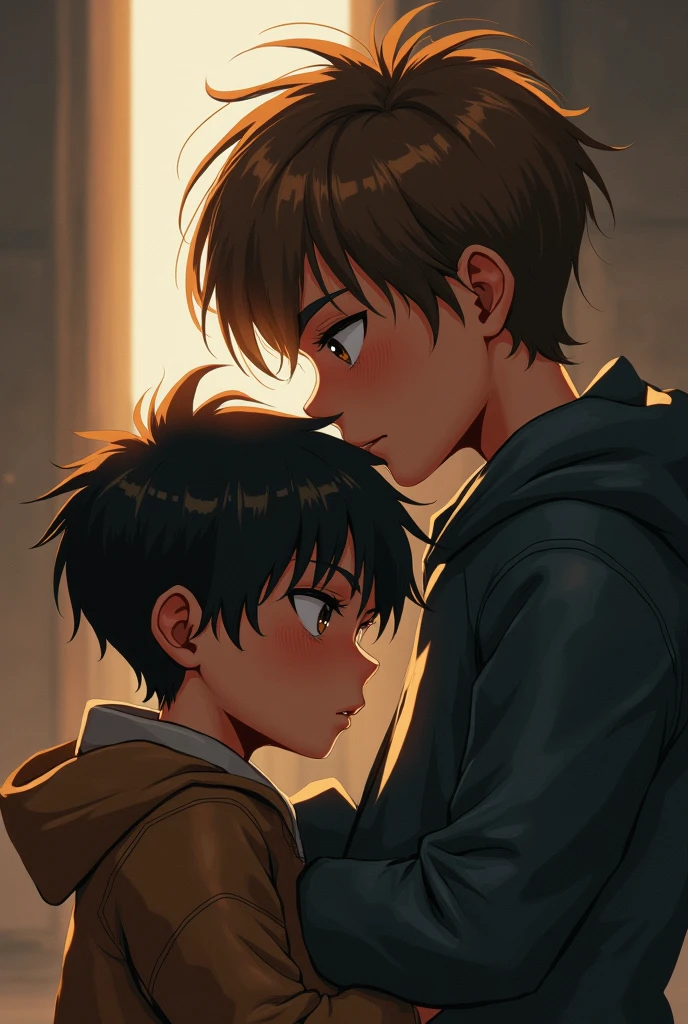 A small black-haired boy with hazel eyes next to a tall boy with brown hair and blonde highlights and light brown eyes in a possessive and jealous environment