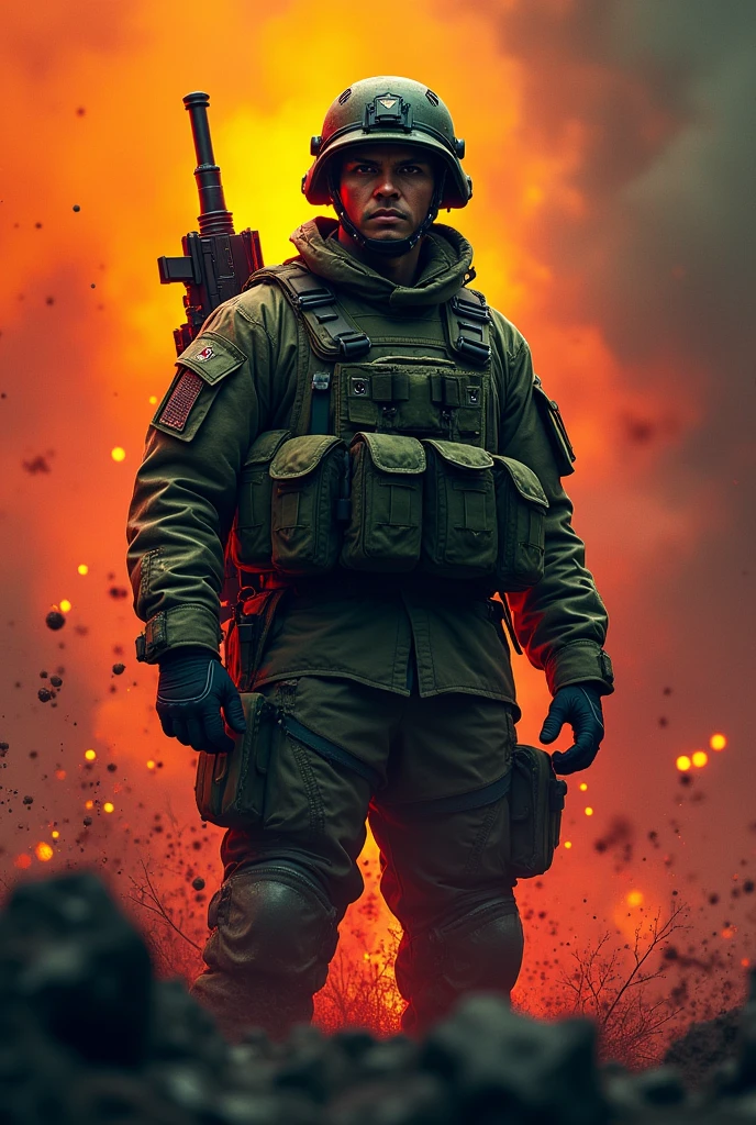 make a logo relating army and explosives, put a soldier, e use as cores: orange, maroon, Military Green, rot