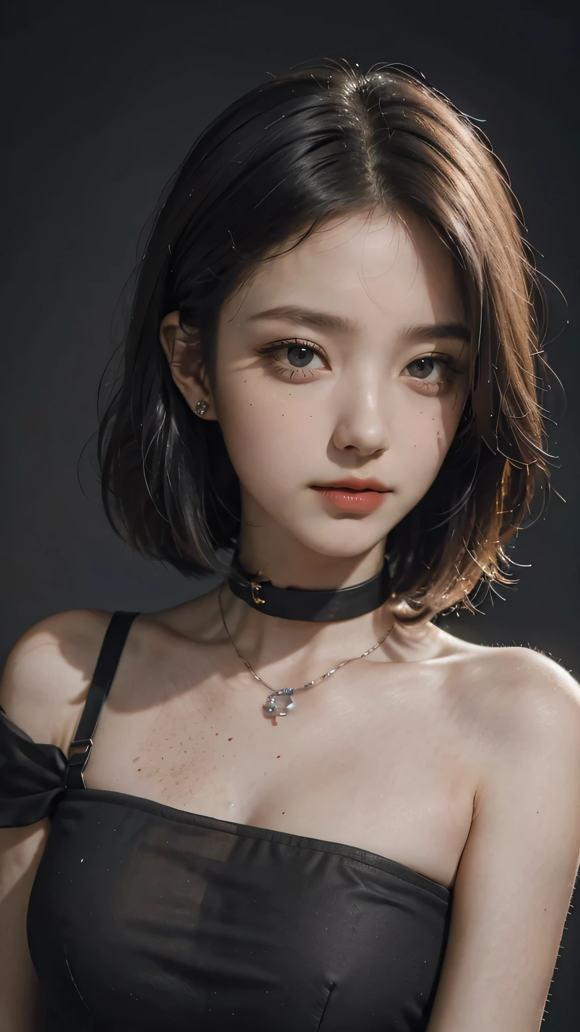masterpiece, best quality,3d rending work ,3DMM style,close-up,portrait, 3D,1girl, solo, multicolored hair, black hair, necklace, freckles, jewelry, two-tone hair, looking to the side, realistic, upper body, simple background, bangs, looking away, short hair, parted lips, black eyes, lips, gothic, choker, makeup, mole, black shirt, shirt, covered body