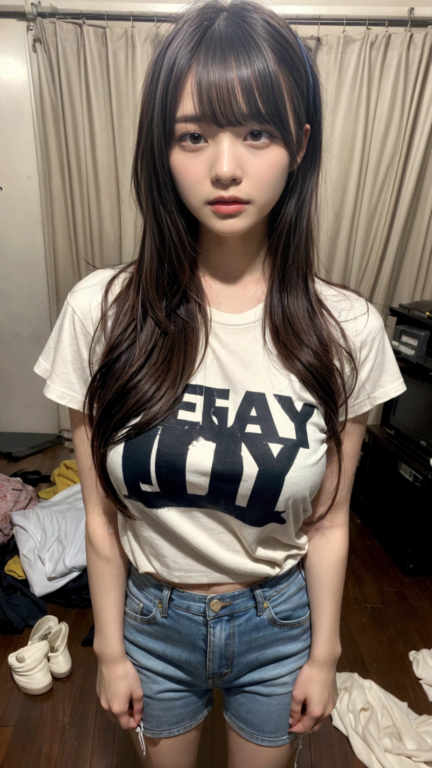 (Details High quality, realistic depiction of eyes:1.3), Tattered clothes, (The collapsed room), (Inside the barrack tent), (wearing a tattered and dirty t-shirt.:1.1), Wearing baggy pants, dirty body, (Messy long hair), black hair color, Big Natural Color Lip, crying a little、Harajuku style、20 year old girl、cute type、ta, Gravure Idol, full body photo、focus on crotch, huge breasts