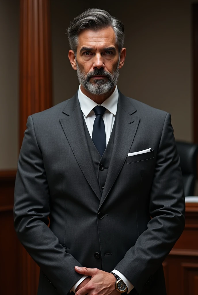 Man 30 years old Suit Gray hair Black hair Lawyer Tall muscular Black eyes Beard