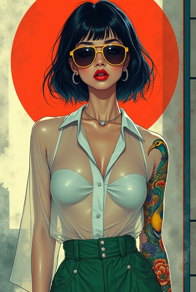 Pop art Japanese futuristic Asian woman white skin tone very white thin features prominent nose geisha look perfect eyebrows a little thick with a tattooed arm with a yellow peacock in neotraditional Japanese transparent white shirt green military pants sensual with a wicked laugh aviator lenses being a mysterious temptation like a 90s comic type aviator a little more elongated in her face manga art short blue-black hair 