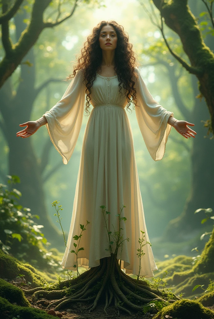 Woman with roots in her feet, with open arms, wearing a modest dress with long curly hair