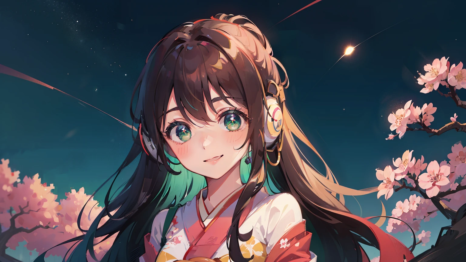 (masterpiece), (best quality), ultra high res, sharp focus, ((1 woman, solo)), modern theme aesthetic, in the pink blossom garden, (at the afternoon time:1.2), upper body, magazine cover, beautiful detailed hair, chestnut brown hair, long hair tumbles down, ((beautiful shape eyes, green eyes)), beautiful detailed face, perfect feminine face, comfortable face, look at the viewer, smiles, colorful japanese kimono, ((headphones)), ((background: night, starry sky)), ((ukiyo-e style)), ((smile)), ((1 girl)),