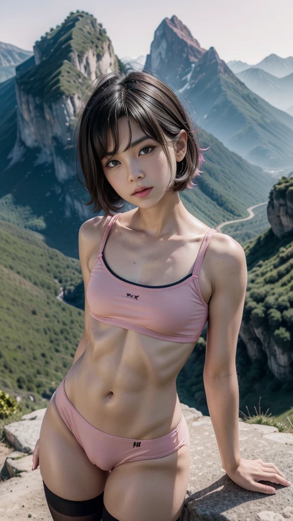 femboy Adalgusto Beltraz, short black hair, (flat chest), (flat tummy), thigh highs, round butt,ht pink panties, ink tshirt, mountains background, back view from above