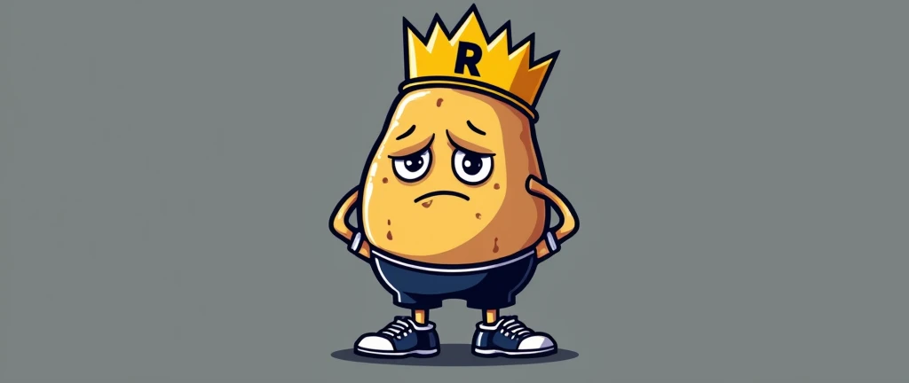 A sports logo of king spud. He is a potato that is wearing a yellow crown with a black R on it. Dark blue shorts, and black football cleats. He is sad, and there’s text that says “Here’s what not to do”