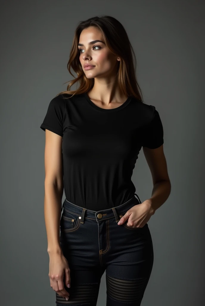 beautiful woman,  standing straight facing forward,with black t-shirt, Jeans, on a greyish background, cotton t-shirt texture, fitted t-shirt, round neck, striped tights. Medium camera shot