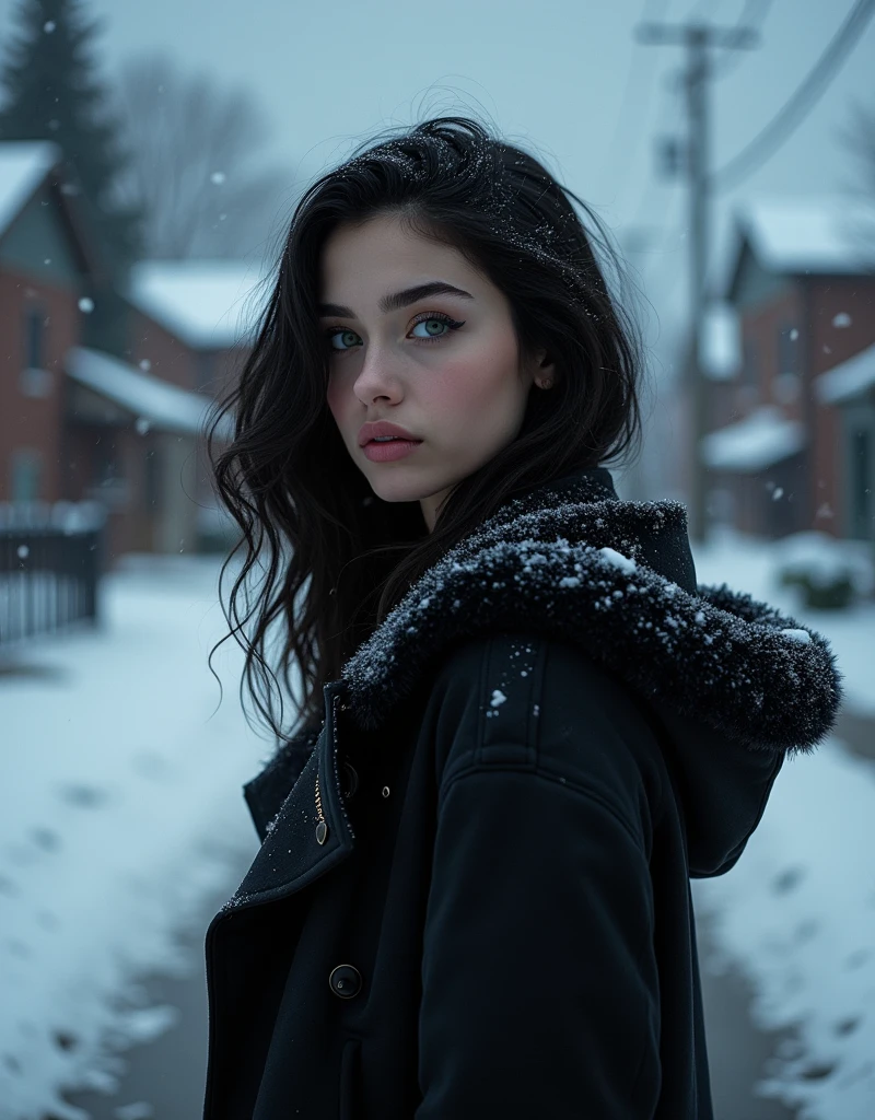 (masterpiece, hyperrealism, sharp images, photorealistic, best quality:1.5), (Photo taken from her back, she is not looking, view) , (Full body portrait), (highly detailed face:1.5), (has white skin, highly detailed skin:1.8), (20 years old woman) (she has very black wavy hair) (breast size: 1.3), detailed hd beautiful dark green eyes, lips marked with pink lipstick, flirtatious look, big light green eyes, bold black eye shadows, huge eyelashes, (she is wearing stylish black coat for rain and snow, with cap, with sherpa lining) (she looks as the snow falls, she has a face like she is thinking or imagining something) (she is walking on the sidewalk in a neighborhood of one-story houses) (everything is covered with snow) (background, it is already dark, there are black and blue clouds, it is snowing and it is cold). the perspective of her back, She is not looking at the camera because She is looking out to sea