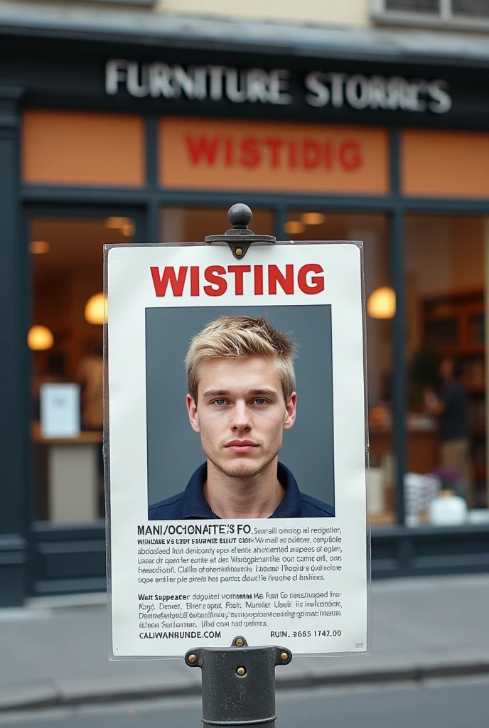 Poster for the But store in Reims looking for a young blond man who broke a bed base today. Une affiche réaliste d’un magasin stp