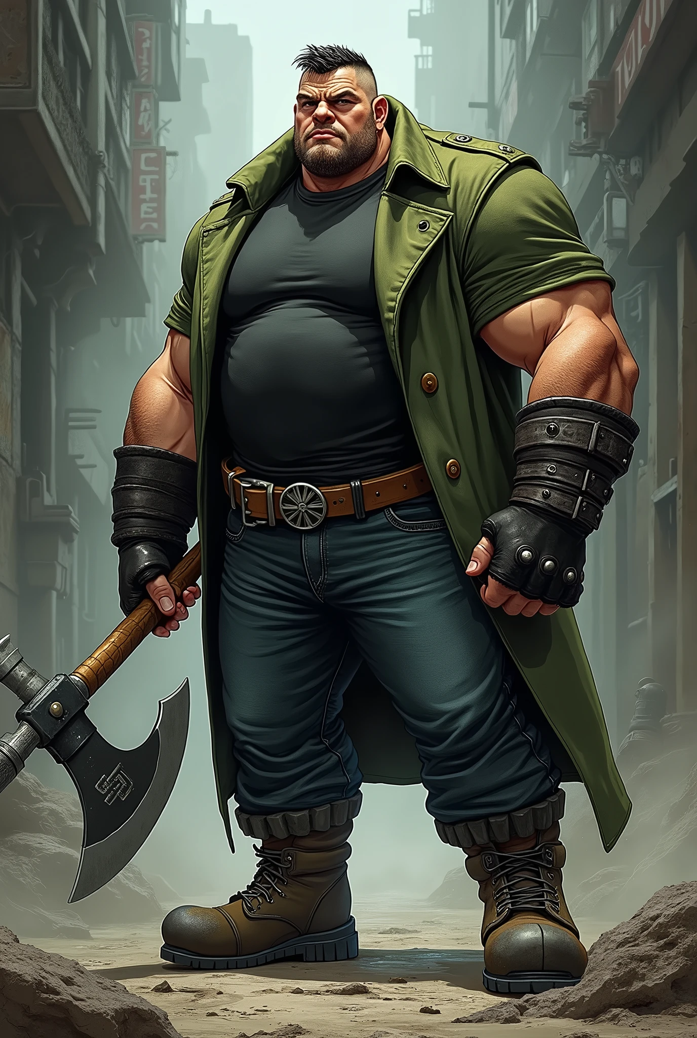 In the Human Comics style, create a character, Godri, a fat and wide boy, very strong and muscular, with a determined look. He wears a short moss green coat and a black shirt underneath, dark jeans with round boots and steel toes, and a black leather glove. He carries a large steel axe in his hands.