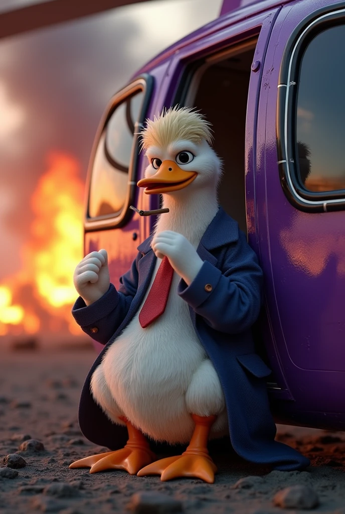 Duck Mafia with Donald Trump&#39;s Hairstyle, Soft fur, Smoking a cigar, Sitting next to the door of the purple helicopter, Battlefield scenes, The whole place is on fire.