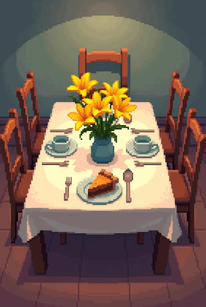 Create a large dining table with 4 chairs with a vase of yellow flowers in the middle, and in one corner of the table a plate with a slice of cinnamon pie. All this with a video game-like pixelated style similar to the visual and artistic style of Undertale..