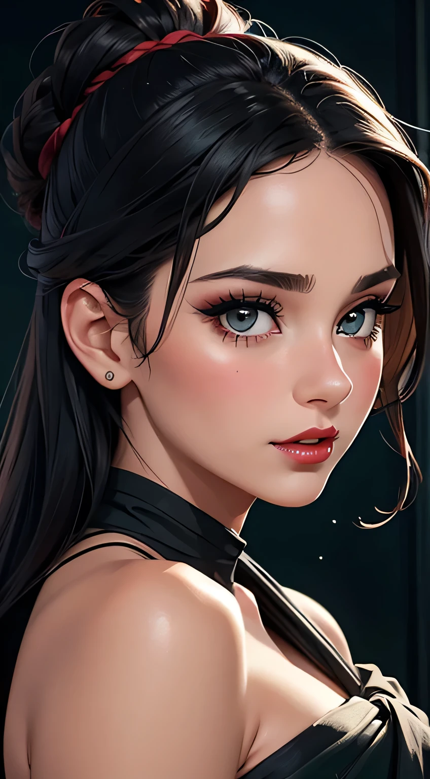 Amazing portrait of a woman who is 30 years old and an adult and a sexy woman with a beautiful face and her black hair tied in a messy bun wearing amazing makeup and blushing intensely while she's flustered and lustful and her perfect lips are parted wearing black blouse and sheer dark green saree being absolutely hot during night time with soft lighting showcasing her red lips and her beautiful face in detail and close up