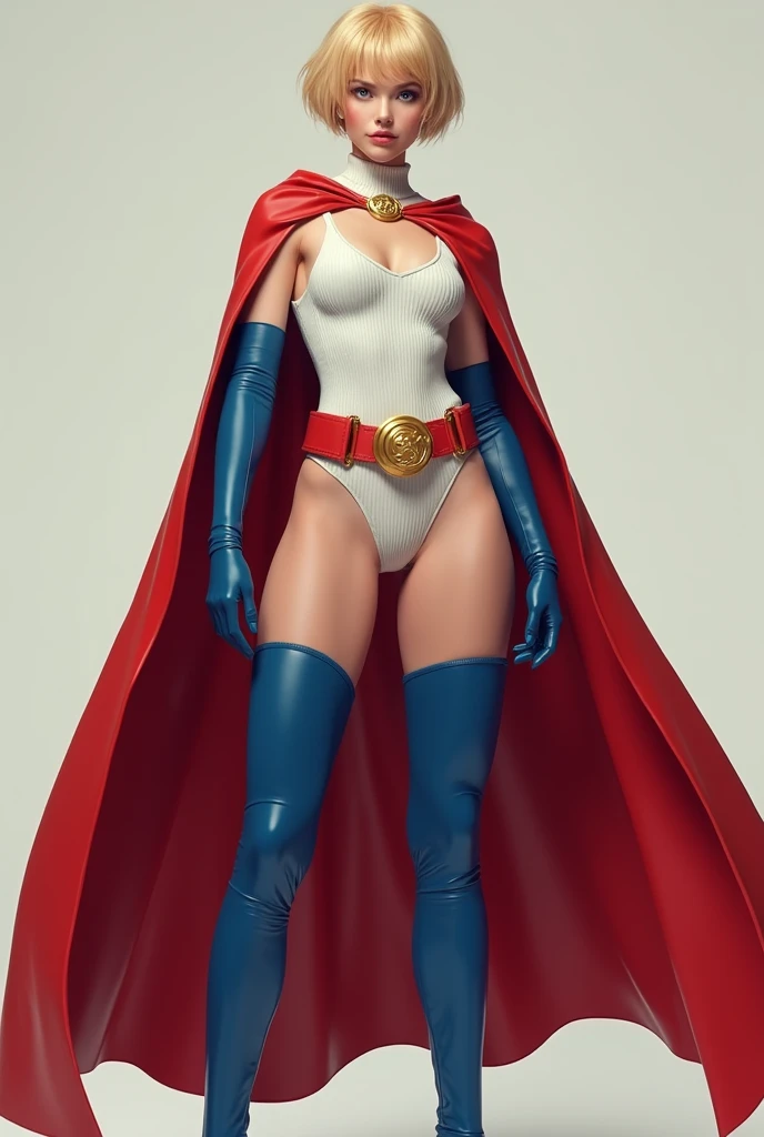 HYPER REALISTIC. A FEMALE WITH SHORT BLONDE HAIR, BLUE EYES WEARING A WHITE TURTLE NECK CORDROY LEOTARD WITH A CUT OUT HOLE ON THE CHEST, LONG BLUE GLOVES, TALL BLUE BOOTS, A RED WAIST BELT WITH A SOLID GOLD MEDALLION, AND A LONG RED CAPE ATTACHED AT THE NECK WITH A GOLD MEDALLION CLASP.