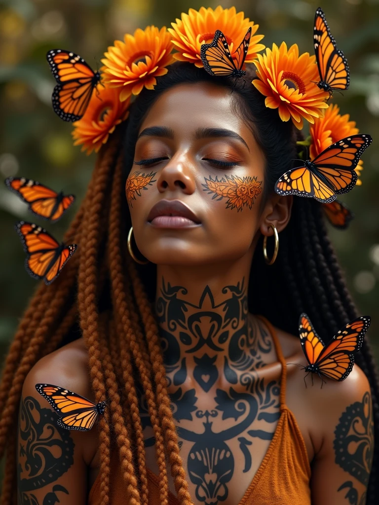 A captivating and mesmerizing image of a stunning brasilian woman adorned with intricate tattoos and surrounded by vibrant Monarch butterflies. Her long, ginger-colored dreads, adorned with delicate flowers, frame her face as she rests gracefully. The scene embodies natural beauty and serenity, showcasing a harmonious fusion of cultures and aesthetics. Her ebony skin provides a perfect canvas for the elaborate tattoos inspired by traditional African art forms, while the butterflies create a mesmerizing spectacle of movement and color. The warm, golden light casts a soft glow, highlighting the beauty of her tattoos and the intricate details of the butterflies. This enchanting image is a celebration of diverse beauty, blending elements of nature, culture, and artistry into a breathtaking masterpiece that captivates the imagination.