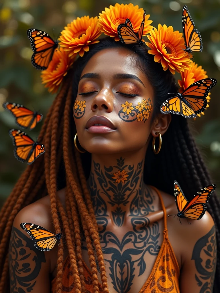A captivating and mesmerizing image of a stunning brasilian woman adorned with intricate tattoos and surrounded by vibrant Monarch butterflies. Her long, ginger-colored dreads, adorned with delicate flowers, frame her face as she rests gracefully. The scene embodies natural beauty and serenity, showcasing a harmonious fusion of cultures and aesthetics. Her ebony skin provides a perfect canvas for the elaborate tattoos inspired by traditional African art forms, while the butterflies create a mesmerizing spectacle of movement and color. The warm, golden light casts a soft glow, highlighting the beauty of her tattoos and the intricate details of the butterflies. This enchanting image is a celebration of diverse beauty, blending elements of nature, culture, and artistry into a breathtaking masterpiece that captivates the imagination.