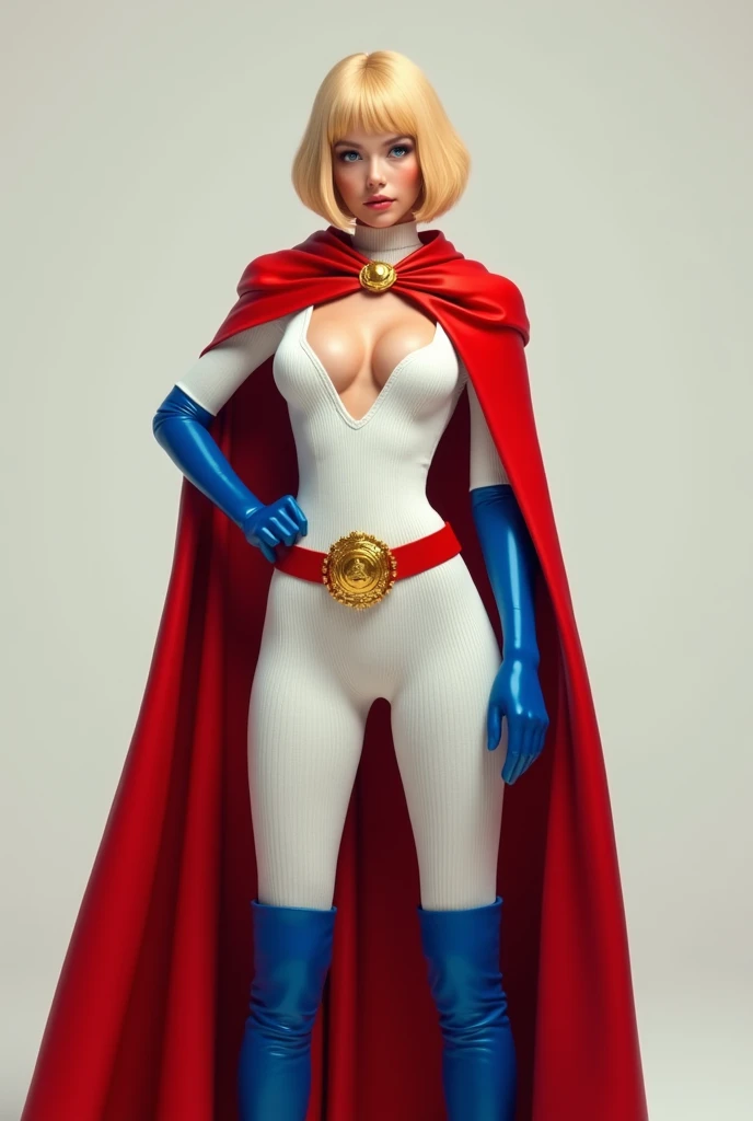 HYPER REALISTIC. A FEMALE WITH SHORT BLONDE HAIR, BLUE EYES WEARING A WHITE TURTLE NECK CORDROY LEOTARD WITH A CUT OUT HOLE ON THE CHEST, LONG BLUE GLOVES, TALL BLUE BOOTS, A RED WAIST BELT WITH A SOLID GOLD MEDALLION, AND A LONG RED CAPE ATTACHED AT THE NECK WITH A GOLD MEDALLION CLASP.