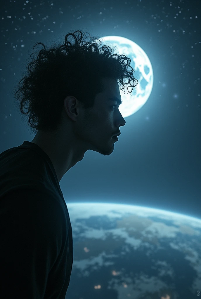 A strangely handsome man with curly hair in the moonlight looking down at the earth