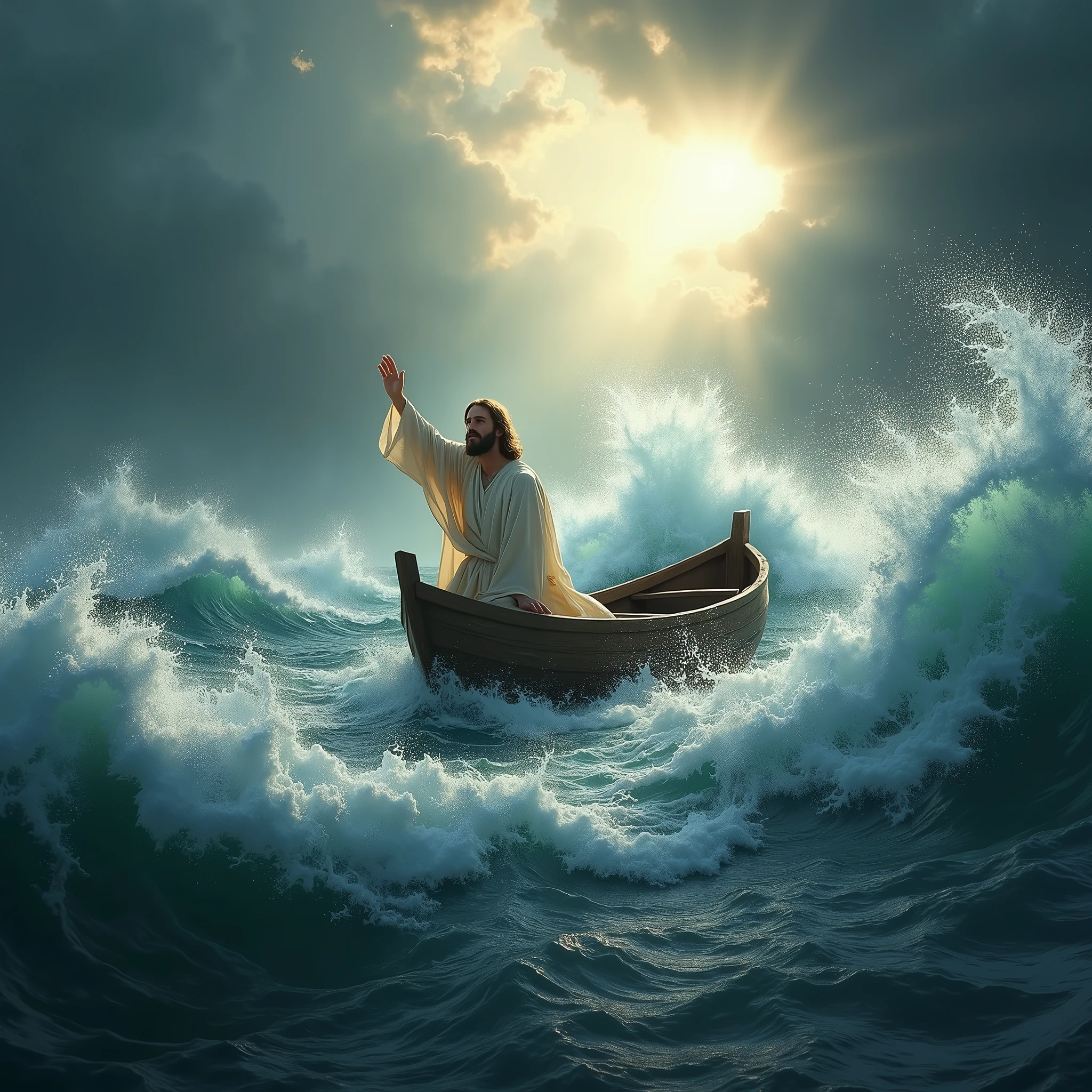 Depict a stormy sea with a small boat being tossed by the waves. Jesus is in the boat, calming the storm with His hand, symbolizing the reassurance that God’s purpose prevails, even through trials.
