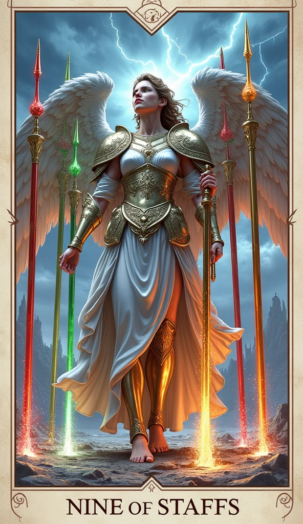 Design a powerful and hyper-realistic image for the Nine of Staffs in the Lumen Angelis Tarot deck. The scene depicts a valiant angel standing firm in a celestial battleground, surrounded by nine radiant staffs of light that form a protective barrier around them. These staffs, each glowing with a different hue—ranging from fierce reds to serene greens—are planted in the ground, symbolizing defense and resilience.

The angel, dressed in celestial armor with intricate designs, stands resolute, holding a glowing staff in their hand, ready to defend against any approaching challenge. Their expression is one of determination and unwavering strength, reflecting the spirit of perseverance despite exhaustion. A faint scar or mark on the angel's face suggests the battles they've endured, yet they remain unbroken.

Behind the angel, the celestial sky is filled with swirling storm clouds and flashes of lightning, indicating the ongoing struggles. However, rays of divine light break through the clouds, illuminating the staffs and creating an aura of protection and hope. The staffs are rooted deeply into the ethereal ground, symbolizing their stability and the angel’s refusal to be overwhelmed.

In the background, faint silhouettes of previous battles or obstacles can be seen fading into the distance, reinforcing the idea of past struggles that have been overcome. The overall atmosphere of the image is intense and filled with the energy of persistence and the readiness to face whatever comes next, staying true to the Rider-Waite symbolism of resilience and vigilance, while elevating it with the divine and mystical elements of the Lumen Angelis deck