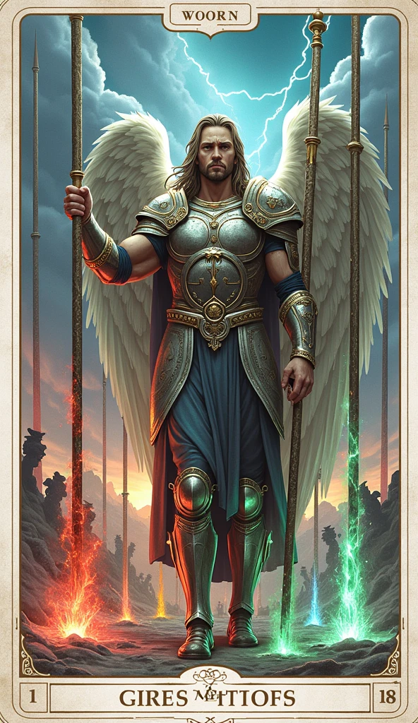 Design a powerful and hyper-realistic image for the Nine of Staffs in the Lumen Angelis Tarot deck. The scene depicts a valiant angel standing firm in a celestial battleground, surrounded by nine radiant staffs of light that form a protective barrier around them. These staffs, each glowing with a different hue—ranging from fierce reds to serene greens—are planted in the ground, symbolizing defense and resilience.

The angel, dressed in celestial armor with intricate designs, stands resolute, holding a glowing staff in their hand, ready to defend against any approaching challenge. Their expression is one of determination and unwavering strength, reflecting the spirit of perseverance despite exhaustion. A faint scar or mark on the angel's face suggests the battles they've endured, yet they remain unbroken.

Behind the angel, the celestial sky is filled with swirling storm clouds and flashes of lightning, indicating the ongoing struggles. However, rays of divine light break through the clouds, illuminating the staffs and creating an aura of protection and hope. The staffs are rooted deeply into the ethereal ground, symbolizing their stability and the angel’s refusal to be overwhelmed.

In the background, faint silhouettes of previous battles or obstacles can be seen fading into the distance, reinforcing the idea of past struggles that have been overcome. The overall atmosphere of the image is intense and filled with the energy of persistence and the readiness to face whatever comes next, staying true to the Rider-Waite symbolism of resilience and vigilance, while elevating it with the divine and mystical elements of the Lumen Angelis deck