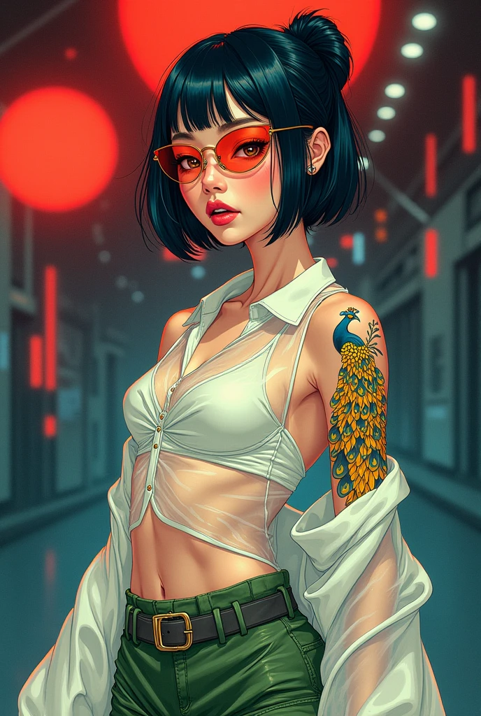 Pop art Japanese futuristic Asian woman white skin tone very white thin features prominent nose geisha look perfect eyebrows a little thick with a tattooed arm with a yellow peacock in neotraditional Japanese transparent white shirt green military pants sensual with a wicked laugh aviator lenses being a mysterious temptation like a 90s comic type aviator a little more elongated in her face manga art short bluish black hair without a ponytail