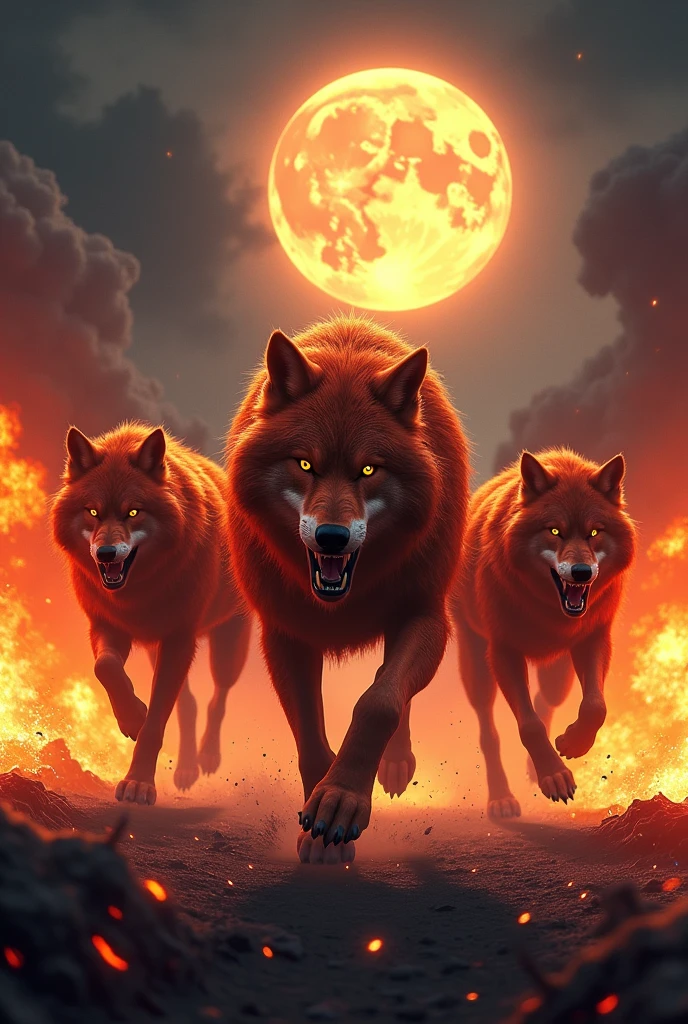 big red angry five wolves running moon explosions lots of fire