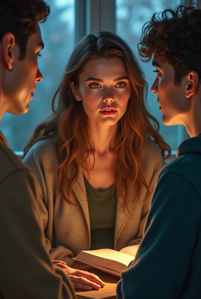 They spoke of her with admiration, not realizing they were describing the same person. Jack talked about her love for books to his closest friends (jake has light brown hair)(a group of friends and jake a boy)