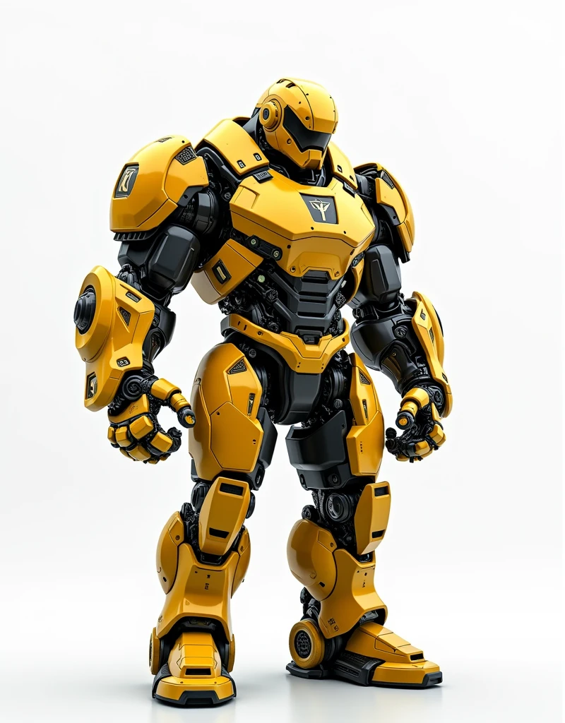 Generate a concept in AI，AI，Half Body，Mecha like Marvel's Hulk full color yellow and rust armor, cyberpunk hi tech helmet, Technology，Surreal, white background