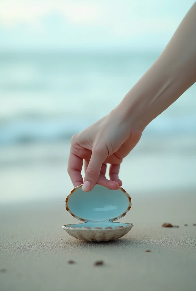 Image of a hand opening a light blue clam on the beach
