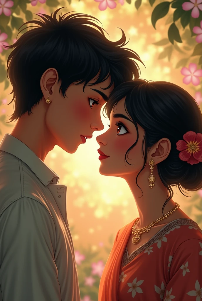 Cute flirtatious male Indian boy with earring dedicating a poem to an anime-type Indian girl
