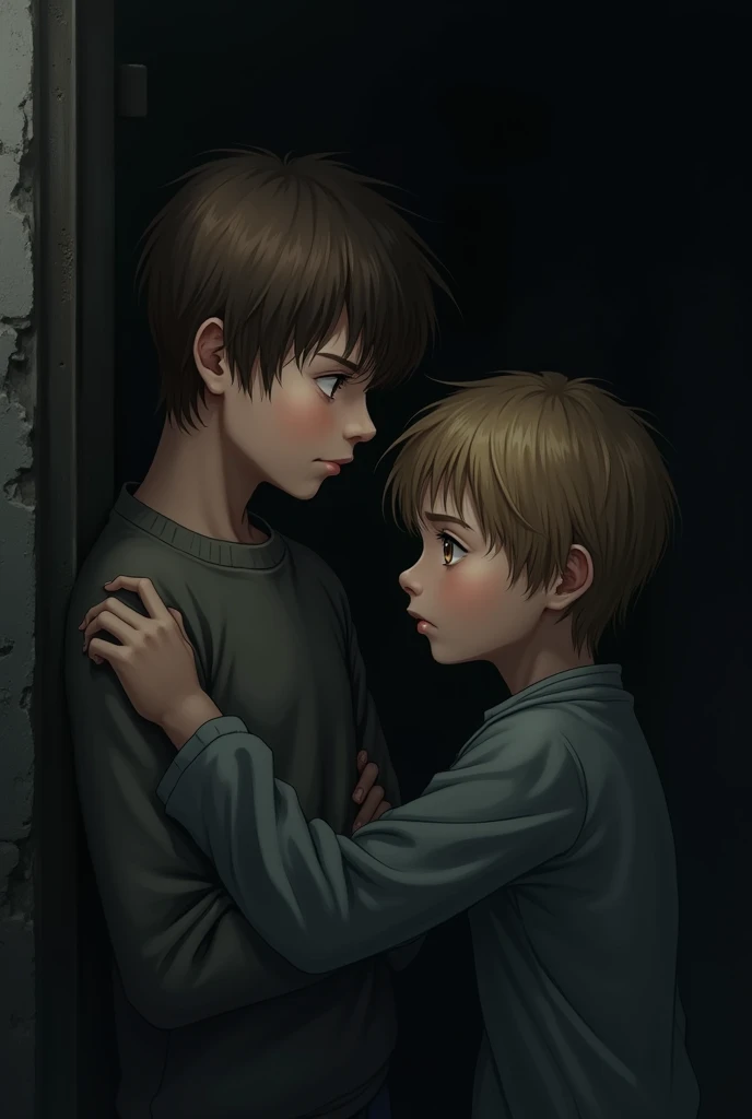 A brown-haired boy with hazel eyes and a small boy with brown hair and blonde highlights and light brown eyes in a dark possessive and jealous environment