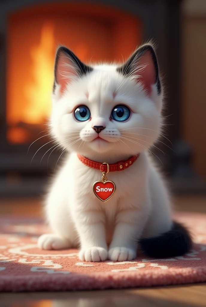 A cute and furry white kitten with a black tail with a black spot on its back and black markings after its ears and a black nose with blue eyes with a red collar with a pendant saying "Snow" what is the name of the cat sitting on a rug with a fireplace behind it