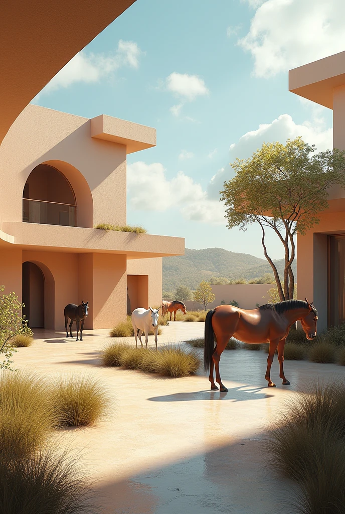 Create an image of equine therapy stables that looks complete with the features of the works of architect Carme Pinós on the outside and create the place with abstract figures where stables and horse tracks can be seen., with uncommon figures, without simple squares