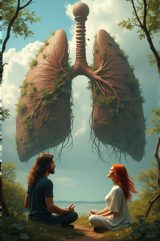 Realistic image of a man with long flowing hair in front of a red-haired woman sitting and doing breathing techniques. Behind them is an image of a beautiful giant lung in the middle of nature., this lung is as if it belongs to the trees, it contains leaves and roots. And it's very windy.