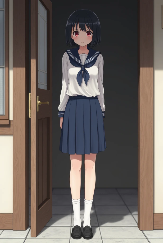 Standing next to the door of a Japanese house、high school girl、Black short hair、Navy long-sleeved sailor suit、skirt,Deep red eyes、barefoot、Cool smile、Full body portrait,Black Loafers,White socks