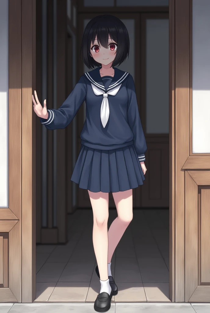 Standing next to the door of a Japanese house、high school girl、Black short hair、Navy long-sleeved sailor suit、skirt,Deep red eyes、barefoot、Cool smile、Full body portrait,Black Loafers,White socks